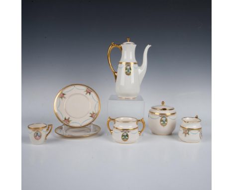The Virginian pattern was issued in 1910 and has a colonial flair. Gilt rims adorn the ivory colored china. Images include wo