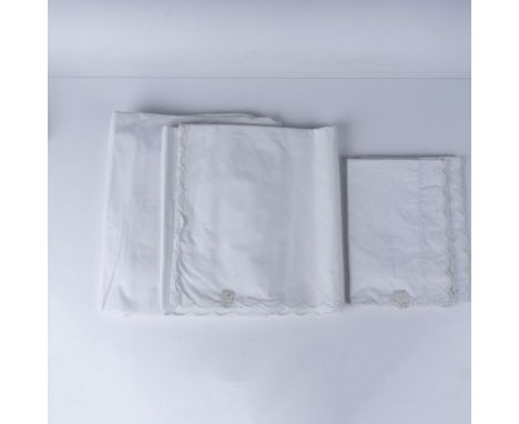 Lovely white jacquard sheets with shams. Set includes flat sheet (120"L x 90"W), fitted sheet (appx. 102"L x 84"W) and 2 pill
