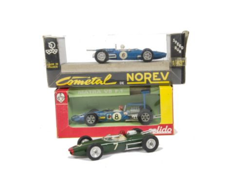 Solido and Norev F1 Racing Cars, Solido 173 Matra V8, in original window box and unboxed Lola Climax V8 in green, Norev 601 M