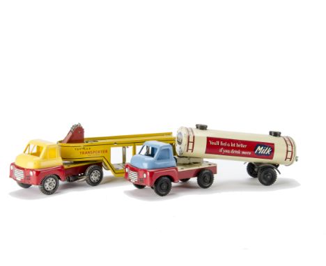 Wells-Brimtoy No.709 Car Transporter, red/yellow, plastic upper cab, tinplate body, clockwork motor, No.9/611 Articulated Mil
