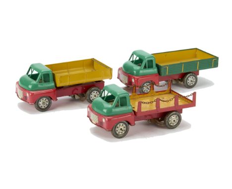 Wells-Brimtoy Bedford S-Type Trucks, Flat Truck With Chains, Tipping Wagon and Open Lorry, all green/red, plastic upper cab, 