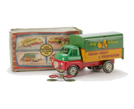 Wells-Brimtoy No.714 Fruit & Vegetable Truck, green/red, wood effect panel, plastic upper cab, tinplate body, clockwork motor