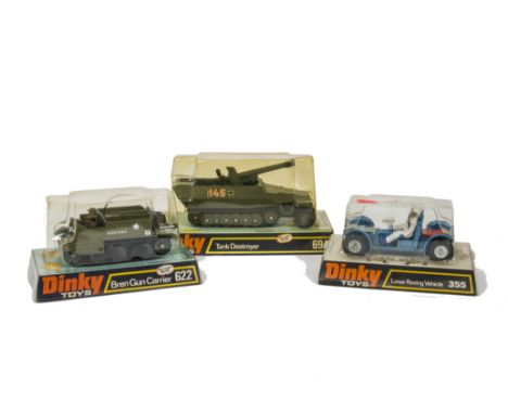 Dinky Toys 694 Tank Destroyer, 622 Bren Gun Carrier, painted figures, 355 Lunar Roving Vehicle, in original bubble packs, E, 