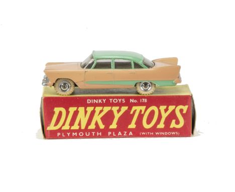 A Dinky Toys 178 Plymouth Plaza, salmon pink body, light green roof and side flash, spun hubs, in original non picture box, V