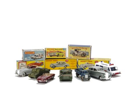 Dinky Toys 194 Bentley Coupe, 150 Rolls-Royce Silver Wraith, Corgi 307 E-Type Jaguar, Matchbox Superfast 73 Mercury Commuter,