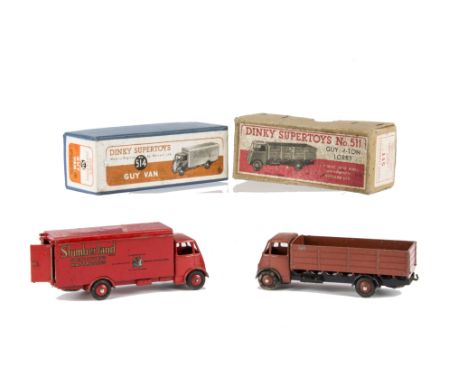 A Dinky Supertoys 514 Guy 'Slumberland' Van, 1st type red cab/chassis/body and ridged hubs, in original box, G, box F, 511 Gu