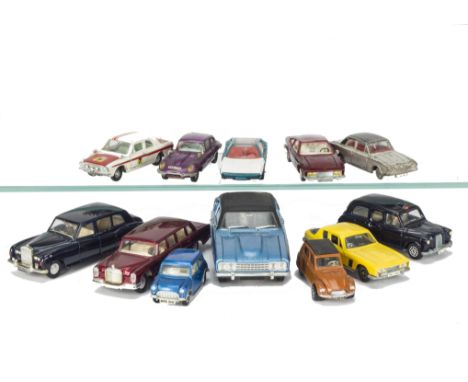 Dinky Toy Cars, including 188 Jensen FF, 131 Jaguar E Type, 189 Lamborghini Marzal, 152 Rolls Royce Phantom, Mini Minor, 190 