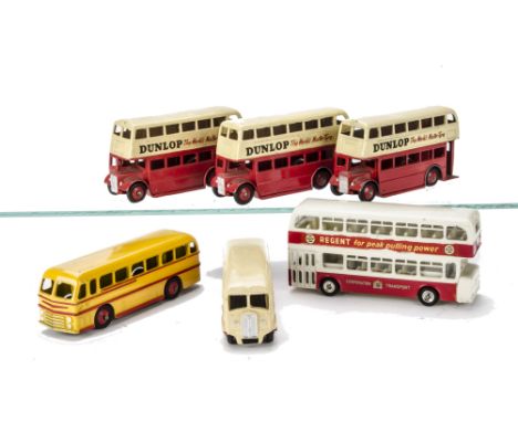 Dinky Toy Buses & Coaches, 282 Duple Roadmaster Coach, yellow body, red coachlines and hubs, 29g Luxury Coach, cream body, re