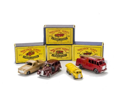 Matchbox Lesney 1-75 Series 11a ERF Road Tanker, yellow body silver trim, MW, 9c Merryweather Marquis, red body, tan ladder, 