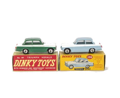 Dinky Toys 189 Triumph Herald, two examples, first light blue/white, second dark green/white, both with spun hubs, in origina