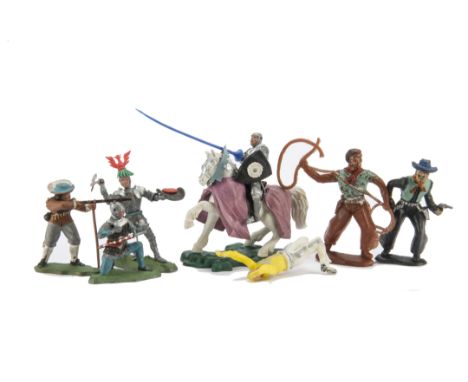 Britains swoppet knight pieces, ECW Musketeer, with a few other Eyes Right pieces, Hilco large scale two-gun cowboy and cowbo