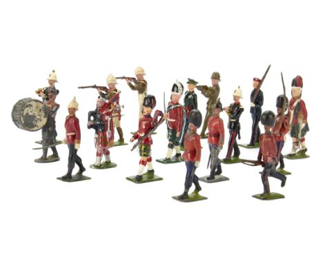 Lot of lead military figures including Britains oval based Line Infantry bass drummer,  Royal Marines marching (2), bandsmen 
