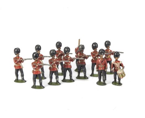 Britains loose volley-firing Grenadier Guards from set 34,  consisting of 10 men, officer and boy drummer, F-G, 2 P, (12),   