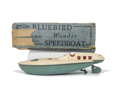 A Sutcliffe clockwork tin Bluebird Speedboat,  light green hull, cream deck with red and orange detail, in original box, F, p