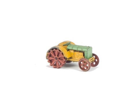 A Pre-War Dinky Toys 22e Farm Tractor, green/yellow, red wheels, 'Dinky Toys' cast-in, with hook, F, tip of hook missing 