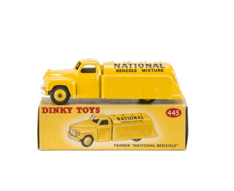 A Dinky Toys 443 Petrol Tanker 'National', yellow body and hubs, in original box, E, a few minute chips, box G 