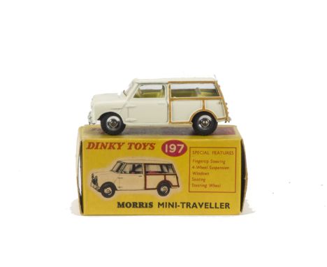 A Dinky Toys 197 Morris Mini Traveller, cream body, lemon interior, matt black base, spun hubs, in original box, E, box G 