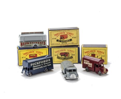 A Matchbox Lesney 1-75 Series 17a Bedford Removals Van, maroon body, gold trim, MW, 46b Pickford's Removals Van, dark blue bo