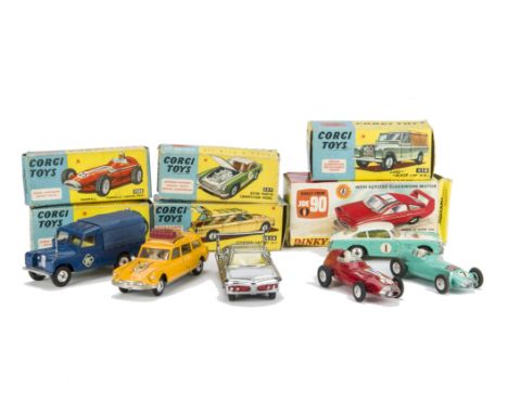 Corgi Toys 436 Citroen Safari ID19, 152s B.R.M, 150s Vanwall, 309 Aston Martin Competition Model and a Dinky Toys 108 Joe 90 