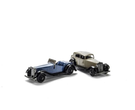 Dinky Toys 36e Salmson Two-Seater Sports Car, blue body, black moulded chassis, black ridged hubs, VG-E, 30c Daimler, fawn bo