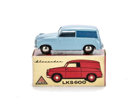 A Tekno 818 Lloyd Van, light blue body, dark blue panels, 'A.Hansen' decal to rear, spun hubs, in original box, E, box VG 