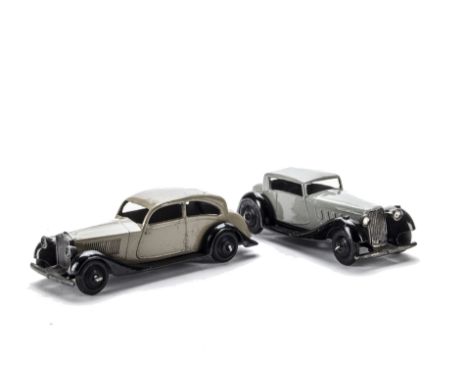 Dinky Toys 30b Rolls-Royce, fawn body, black plain chassis, black smooth hubs, VG, 36c Humber Vogue, grey body, black moulded