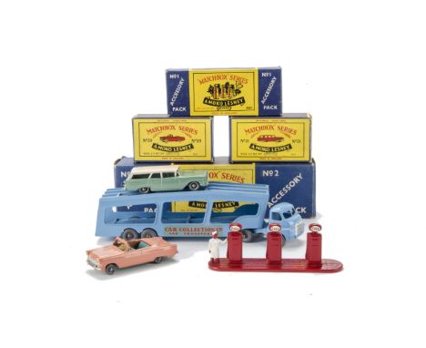 Matchbox Accessory Pack No.2 Car Transporter, light blue, GPW, No.1 'Esso' Petrol Pumps, 39a Ford Zodiac Convertible, pale pe