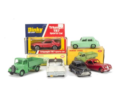 Dinky Toys, 211 Triumph TR7 Sports Car, in original box, loose Hillman Minx, light green, 157 Jaguar, red, Pontiac Police Car