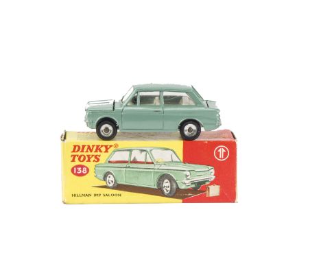 A Dinky Toys 138 Hillman Imp Saloon, metallic silver green body, white interior, spun hubs, suitcase, in original box, E, box