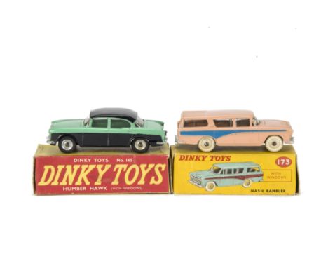 A Dinky Toys 173 Nash Rambler, pink body, blue flash, beige hubs, 165 Humber Hawk, green upper body, black lower body and roo