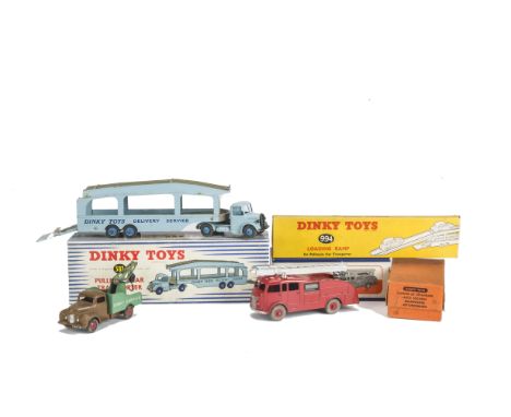 Dinky Toys 582 Pullmore Car Transporter, light blue cab and back, mid blue hubs, fawn decks, 994 Loading Ramp, 555 Fire Engin