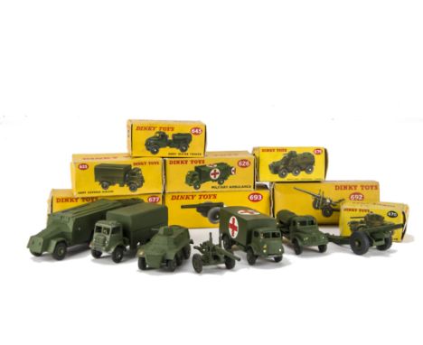 Military Dinky Toys, 693 Howitzer, 677 Armoured Command Vehicle, 626 Military Ambulance, 623 Army Covered Wagon, 692 5.5 Medi