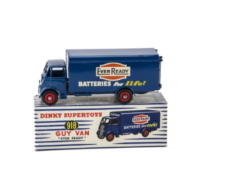 A Dinky Supertoys 918 Guy 'Ever Ready' Van, 2nd type blue cab/body, red grooved hubs, in original box, VG-E, manufacturing sc