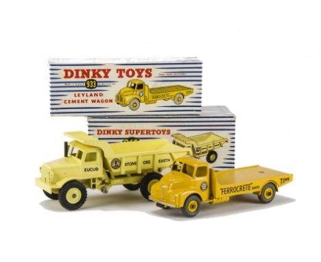 A Dinky Supertoys 965 Euclid Rear Dump Truck, pale yellow body, no glazing, 933 Leyland Comet Cement Wagon, yellow body and h