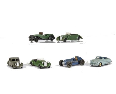 Dinky Toy Cars, 36f British Salmson Four-Seater, 38c Lagonda Sports Coupe, 38d Alvis Sports Tourer, 40a Riley Saloon, 23c Mer