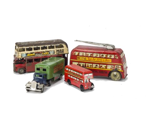 A Betal Tinplate Clockwork Trolleybus, with detailed tin printed body showing driver, passengers and conductor, F, clockwork 
