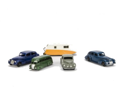 A Dinky Toys 39b Oldsmobile Sedan, violet blue body, black ridged hubs, F-G, 39e Chrysler Royal Sedan, dark blue body, black 