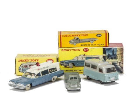 Dinky Toys 295 Standard Atlas Kenebrake, light blue/grey, spun hubs, 277 Superior Criterion Ambulance, 066 Dublo Bedford Flat