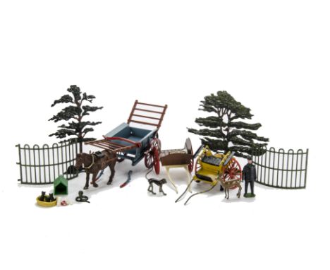 Britains lead farm including pre WW2 version gig, animals and birds (35), people (3), carts (2), trees (3), Hilco animals (23