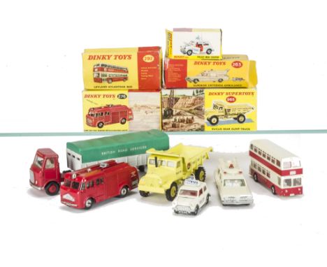 Dinky Supertoys 965 Euclid Rear Dump Truck, 292 Leyland Atlantean Bus, 276 Airport Fire Tender, 263 Superior Criterion Ambula
