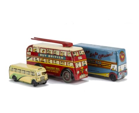 Wells-Brimtoy Trolley Bus and Removals Van, clockwork Bus including conductor, F-G, some creasing  and wear/repair along roof