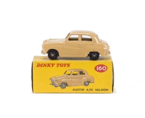 A Dinky Toys 160 Austin A30 Deluxe, scarce example with pale beige body and black plastic treaded wheels, in original box, E,