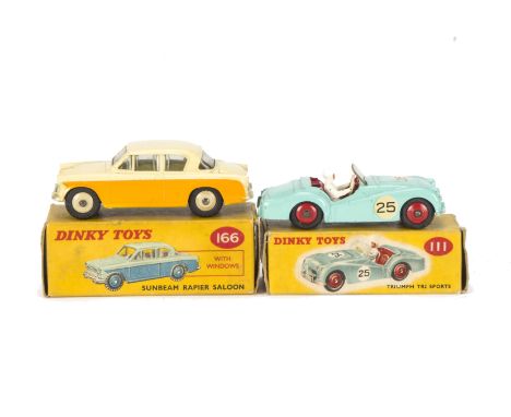 A Dinky Toys 166 Sunbeam Rapier Saloon, orange lower body, cream upper body, beige hubs, 111 Triumph TR2 Sports, turquoise bo