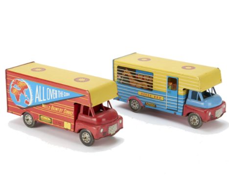Wells-Brimtoy No.705 Horse Box, blue/red/yellow, plastic upper cab, tinplate body, clockwork motor, No.704 World Transport Lo