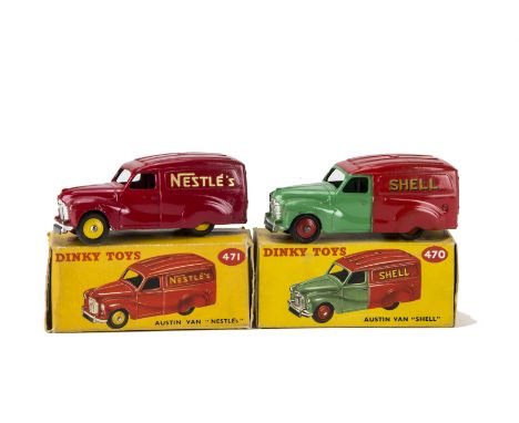 Dinky Toys 471 Austin 'Nestles' Van, red body, yellow ridged hubs, 470 Austin 'Shell' Van, green/red body, red ridged hubs, i
