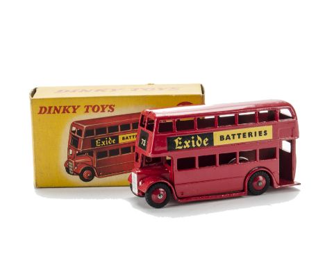 A Dinky Toys 291 London Bus 'Exide Batteries', red body and ridged hubs, logo in black and yellow, in original box, E, a few 