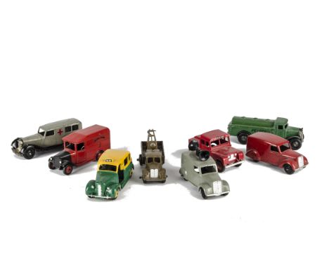 Dinky Toys Small Commercial Vehicles, including 34b Royal Mail Van, filled-in rear windows, 254 Austin Taxi, 255 Mersey Tunne