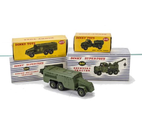 Dinky Supertoys 661 Recovery Tractor, 689 Medium Artillery Tractor, 643 Army Water Tanker, 677 Armoured Command Vehicle, in o