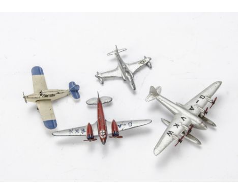 Dinky Toy Aircraft, pre-war 60c Percival Gull, white body blue tail and wingtips, 62k The King's Aeroplane, silver/red/blue, 