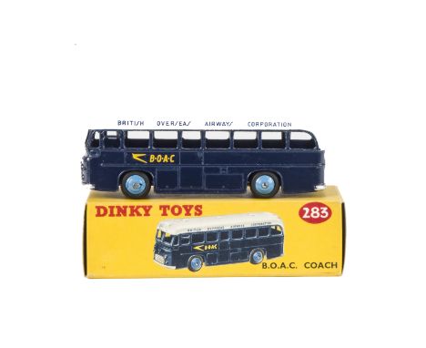 A Dinky Toys 283 B.O.A.C Coach, dark blue body, white roof, mid-blue hubs, in original box, E, box E 